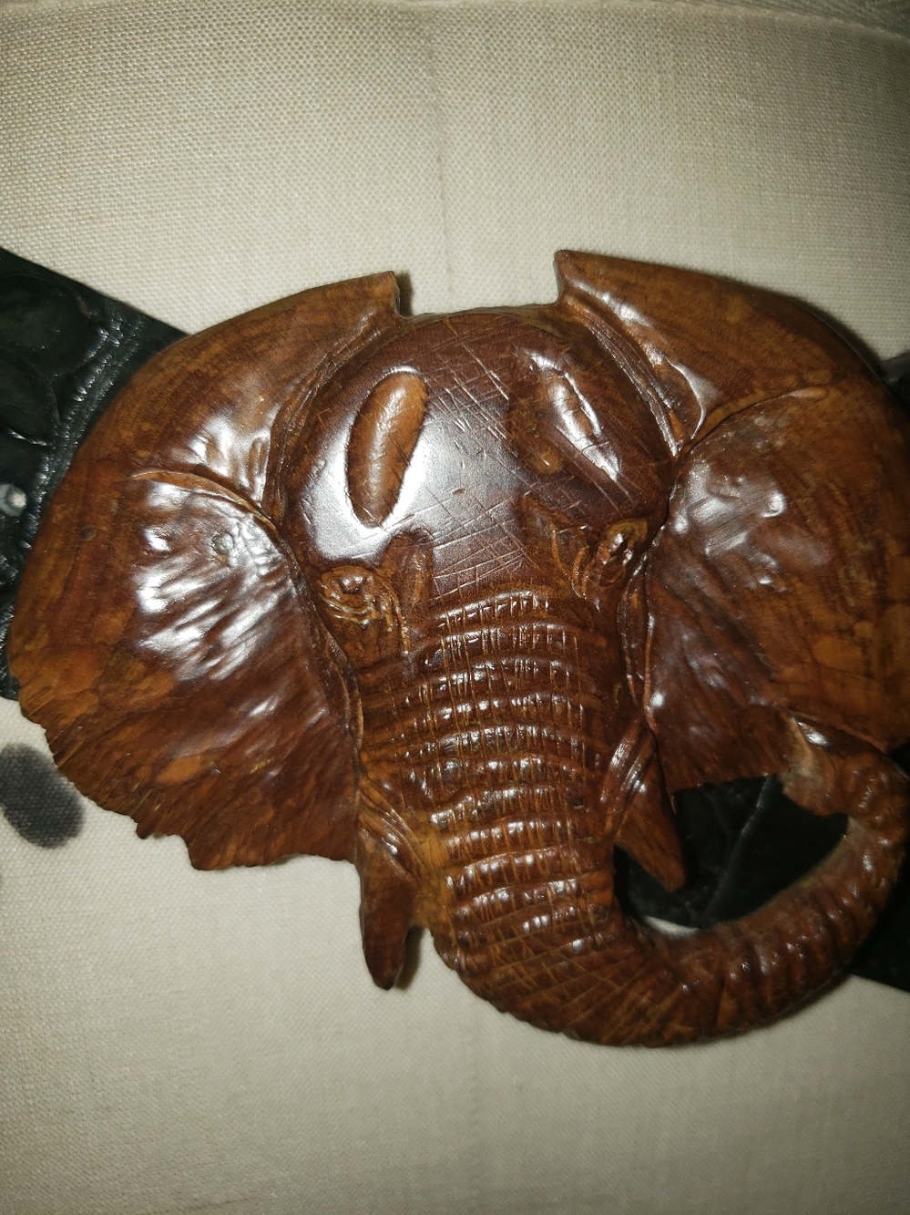 Genuine Crocodile Black Belt With Orginal Mahogany Wood Carved Elelphant